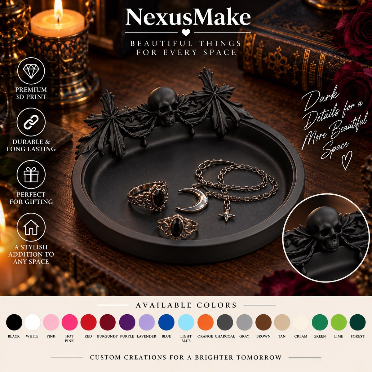 Gothic Skull Cross Jewelry Tray Dark Trinket Dish