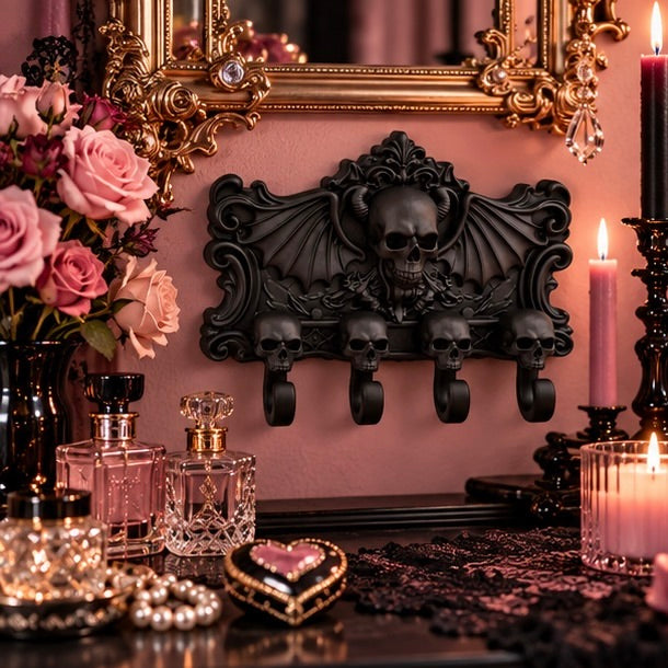 Gothic Skull Bat Wing Key Holder