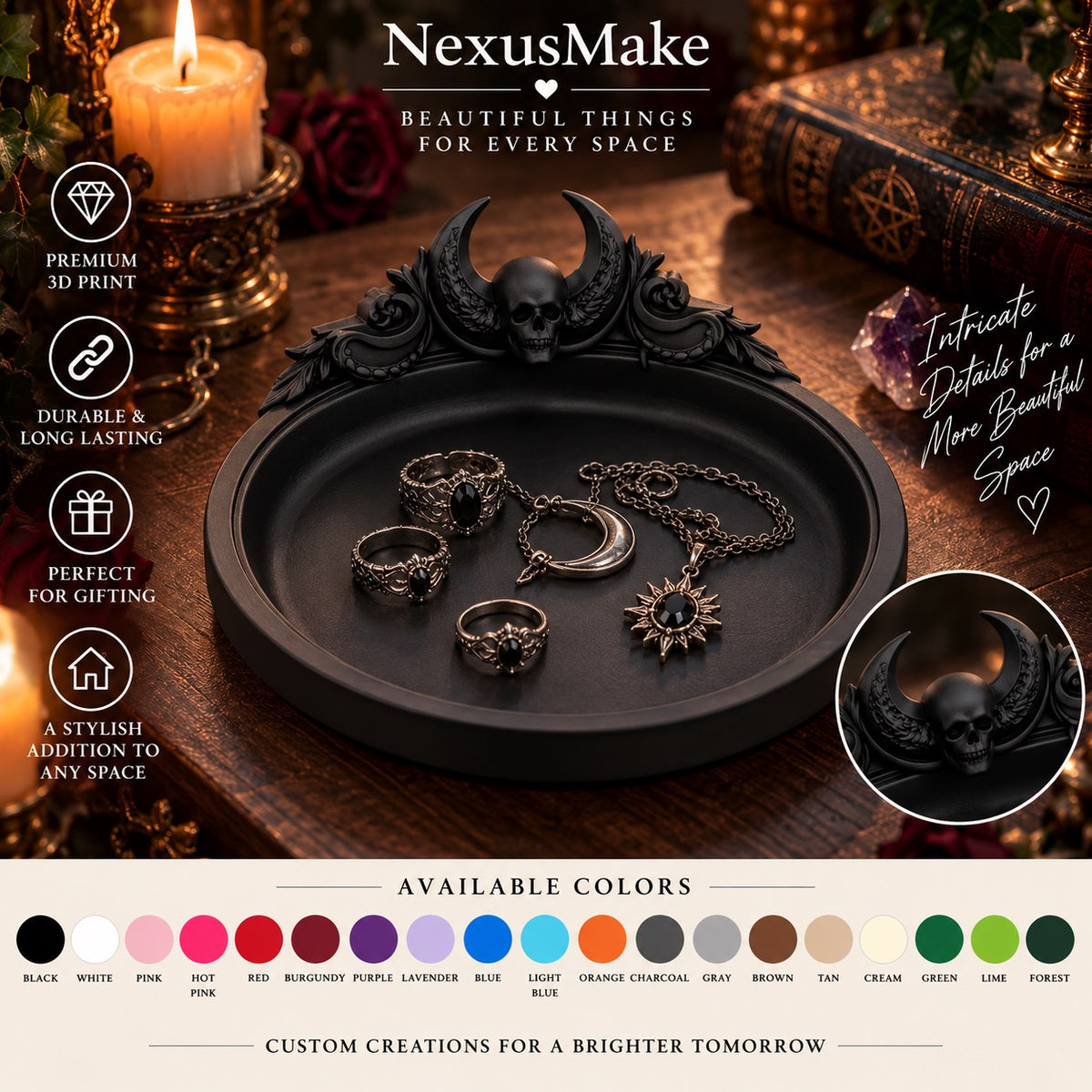 Skull Crescent Moon Jewelry Tray Gothic Trinket
