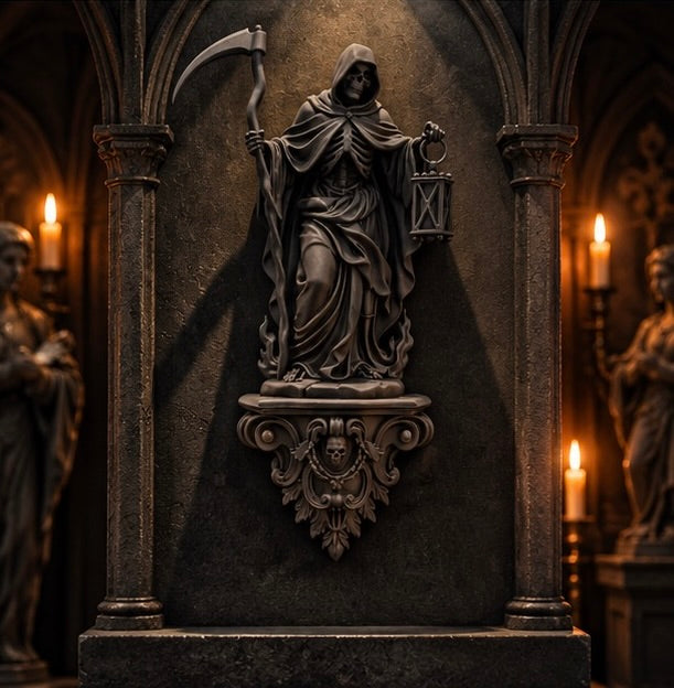 Gothic Grim Reaper Statue Death with Lantern