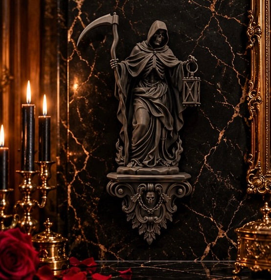 Gothic Grim Reaper Statue Death with Lantern