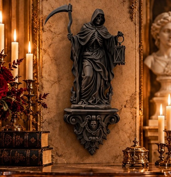 Gothic Grim Reaper Statue Death with Lantern