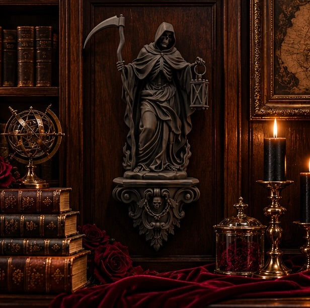 Gothic Grim Reaper Statue Death with Lantern